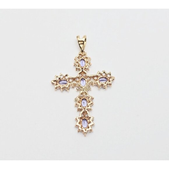 Unique 10K Karat Solid Yellow Gold Religious Tanzanite & CZ Cross Pendant Charm - Picture 8 of 13